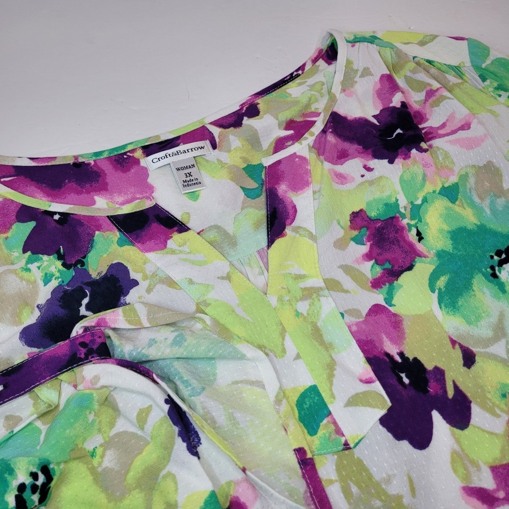 Croft & Barrow 3X Floral Print Blouse 3/4 Roll Tab‎ Sleeve V-Neck Boho Vacation